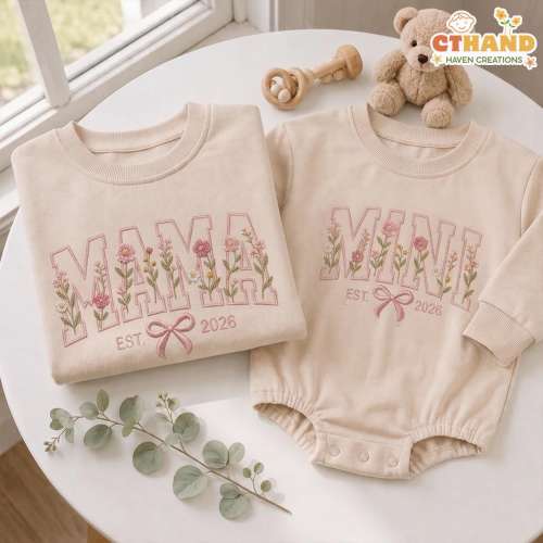 Embroidered Floral Mama Mini Est Sweatshirt, Mom and Baby Floral Set, Mom Baby Girl Matching Shirt, Mommy and Me Outfit, Mama Sweatshirt