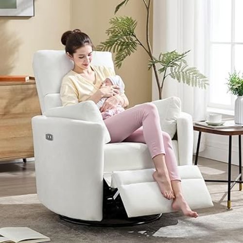 Power Recliner Swivel Glider Rocker Recliner Chair Nursery Rocking Chair Upholstered Adult Rocking Chair with 2 Pillows for Living Room Bedroom(White, Power-Driven)