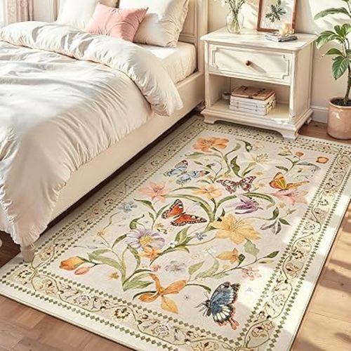 4x6 Entryway Rug, Washable Non-Slip Low Pile Rug - Ultra Soft Vintage Floral Area Rug for Kitchen Bedroom Bathroom, with Rubber Backing, Stain & Fade Resistant