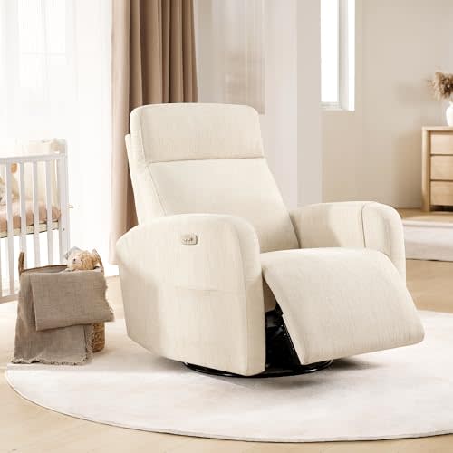 Power Recliner Chair Swivel Glider, Swivel Nursery Glider Recliner, Nursery Rocking Chair with Adjustable Headrest, Nursery Glider Recliner with USB & Type-C Charging Ports, OEKO-TEX Fabric, Beige
