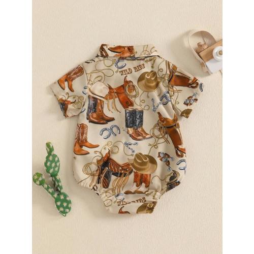 Baby Boys Summer Jumpsuit Casual Western Print Button Up Short Sleeve Romper For Newborn Cute Clothes | SHEIN USA
