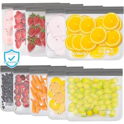 10-Pack Reusable Sandwich Freezer Bags - Dishwasher Safe, BPA-Free, Leakproof for Meat, Cereal, Veggies & Kitchen Storage Organization Grey