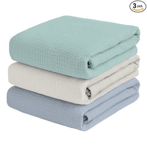 Muslin Swaddle Blankets for Newbron, Receivig Blankets for Boys, Large 47x47 Inch Soft Brethable Lightweight Cotton Blankets, 3 Pack, (Green, Cream White, Blue)