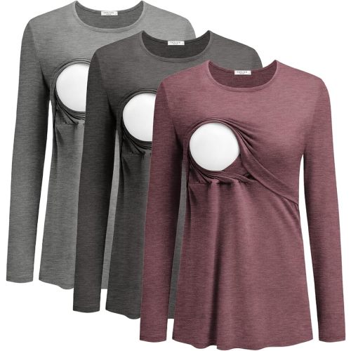 Ekouaer Women Long Sleeve Nursing Shirts 3 Pack Breastfeeding Round Neck Top Double Layer Maternity Tshirt Pregnancy Clothes