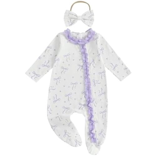 BULINGNA Newborn Baby Girl Coming Home Outfit Bow Print Jumpsuit Ruffle Zipper Footed One-Piece Romper Clothes with Headband