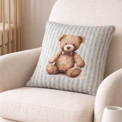 Tapestry Pillow Teddy Bear Baby traditional Nursery Decor Blue Stripe Blue