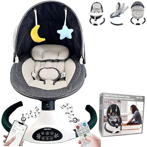 P@B PBell Electric Baby Swing for Infants to Toddler Portable Babies Swinger for Newborn Boy and Girls; baby bouncer swing; Bluetooth Music Speaker 5 Speeds and Remote Control The Baby Chair with Five-Point Safety Belt and 2 Toys (Black - White)