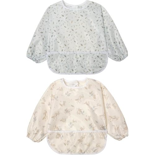 Little Dimsum Full Sleeved Feeding Bib 2 Pack,Baby & Toddler Waterproof Bib Apron,Food Protection Large Pocket Eating Smock 6-48 Months(Yellow Rabbit&Blue leaves)