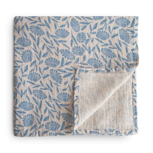 Mushie Organic Cotton Muslin Swaddle Blanket - Blue Flowers
