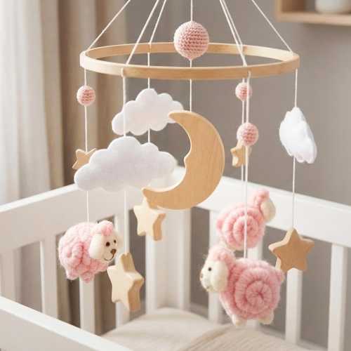 Pink Fluffy Sheep Crib Mobile for Girls Nursery Decor, Newborn Cot Mobile, Boho Baby Shower Gift, Hanging Wool Lamb & Wooden Moon