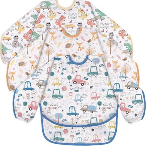 3 Pack Long Sleeve baby Bibs for Eating, Waterproof Smock Bib
