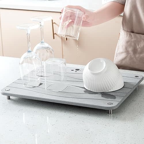 Stone Drying Mat for Kitchen Counter, Diatomaceous Dish Drying Mats Superb Absorbent with Non-Slip Stainless Steel Feet for Dishes, Bottles and more, 15.7"(L)×11.8"(W), Light Grey Wave
