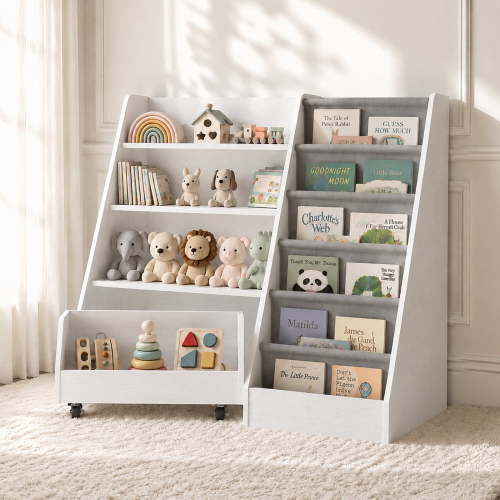 Scohul 3-in-1 Kids Bookshelf and Toy Storage Organizer, Montessori Toddler Bookcase with Rolling Bin for Playroom and Nursery, White