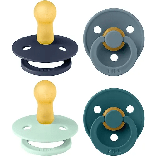 BIBS Pacifiers - Colour 4 Pack | Round Nipple Baby Pacifier | BPA Free Natural Rubber Latex Soother | Made in Denmark | Size 6-18 Months | Boy Colors