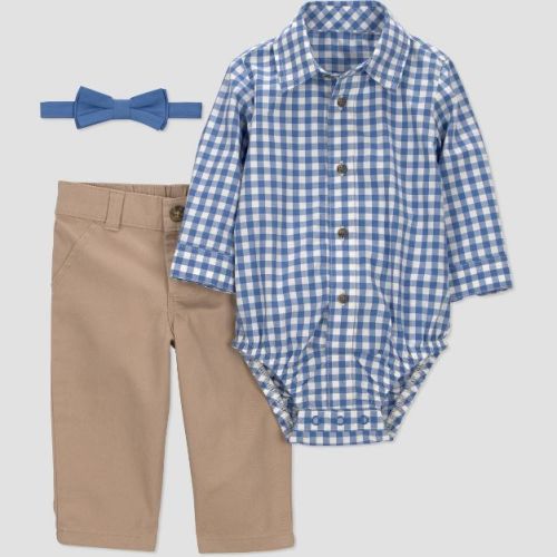 Carter's Just One You® Baby Boys' 2pc Gingham Long Sleeve Bodysuit and Pants Set - Khaki/Blue 12M