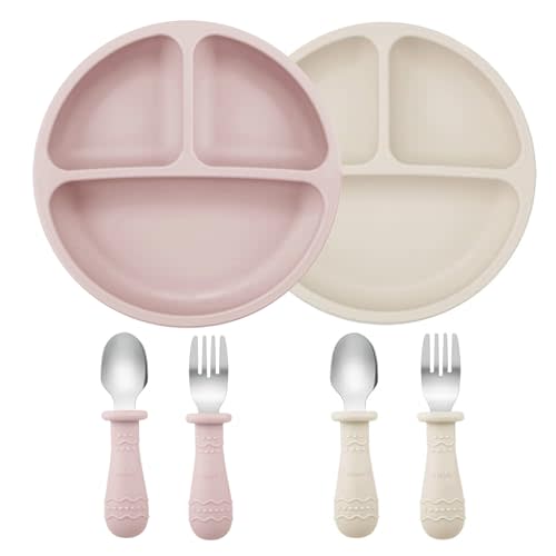 PandaEar 6 Pack Toddler Plates and Utensils Set, 2 Pack Silicone Baby Plates with Suction and 4 Stainless Steel Baby Spoons Forks, Toddler Dinnerware Set, Baby Dishes