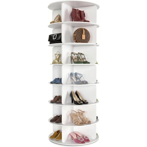 Cushore 7 Tier Rotating Shoe Rack Tower, 360° Spinning Shoe Display Lazy Susan, Tall Revolving Shoe Storage Round Carousel, White