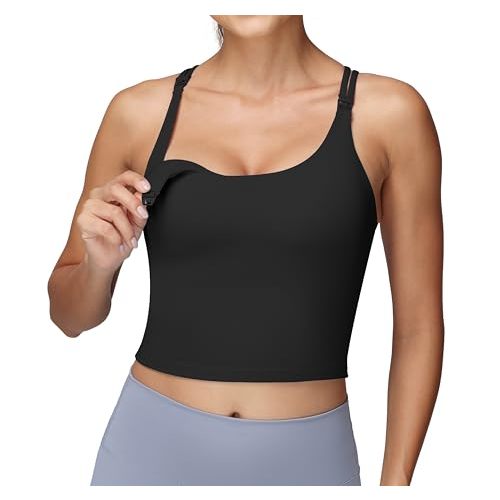 Foucome Nursing Tank Tops for Breastfeeding Longline Nursing Sports Bra Cross Back Workout Crop Top with Built in Bra