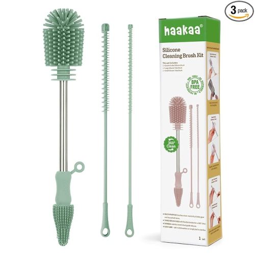 haakaa Silicone Cleaning Brush Kit - Baby Bottle Brush Cleaner for Breast Pump,Nipple,Breast Milk Storage Bag,Reusable Straw,Sippy Cup - Food Grade Silicone Bristles, Portable - 3 Pcs - Pea Green