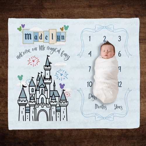 Custom Disneyland Castle Baby Blanket, Magic Kingdom Baby Milestone Blanket, Disney Custom Name Baby Shower Blanket, WDW Baby Gift Blanket