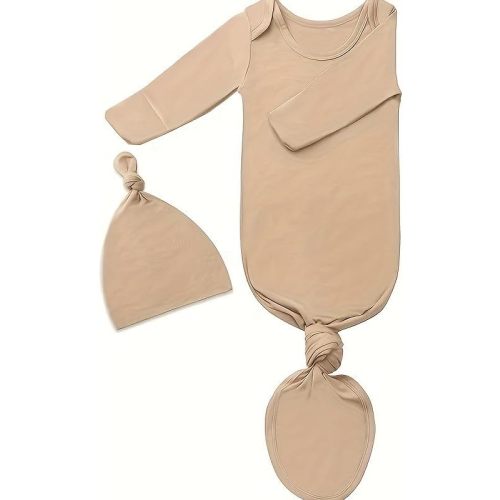 Bow Dream Rayon Bamboo Newborn Baby Boys Knotted Gown Sleeper Solid Color Jumpsuit with Matching Bonnet