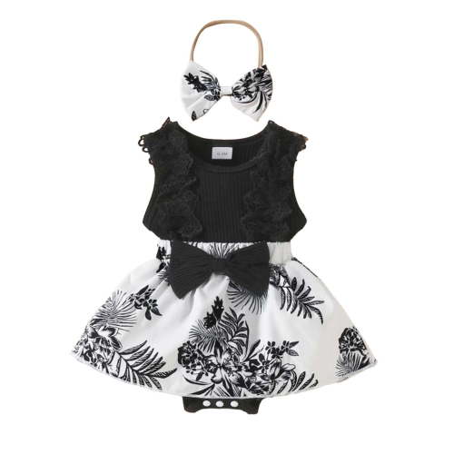 DHFJKG Infants Baby Girls Sleeveless Bodysuits Lace Trim Bow Ribbed Comfortable Onesie With Headband Toddler Girls Onesies Stylish 3-6 Months