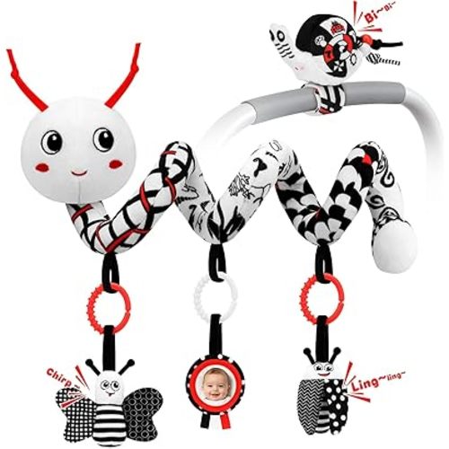 High Contrast Baby Toys for Newborn, Black and White Baby Sensory Toys 0-12 Months with Car Seat Toys & Soft Plush Toy, Activity Hanging Toys Velcro for Stroller Toys Baby Gifts