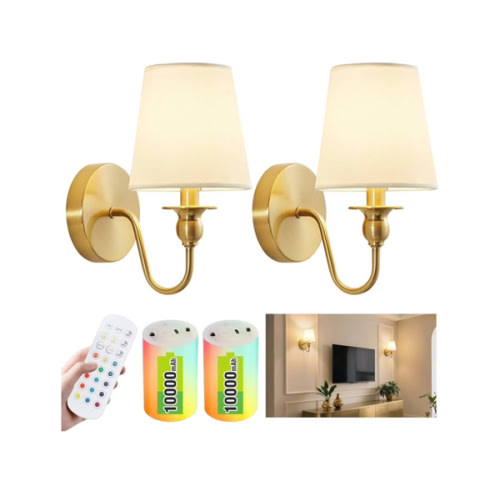 Battery Operated Wall Sconce Set of 2,Wireless Wall Sconces with 10000 mAh,RGB Rechargeable Sconces with Remote,Cordless Wall Lights for Bedroom,Living Room,Bathroom,Renter Friendly Home Decor (Gold)