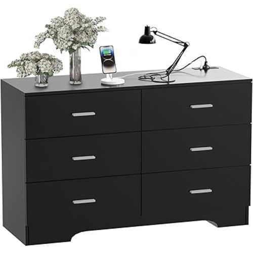 Dresser with Power Outlets Wooden 6 Drawer Dresser with USB and Type C Port Chest of Drawers for Bedroom Tall Black Organizer Storage for Living Room Hallway Closet