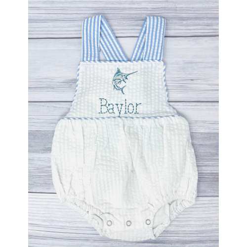 Boys Monogram bubble romper, blue marlin summer bubble romper, embroidered boys fishing, sport fishing, baby bubble romper, ofishally one