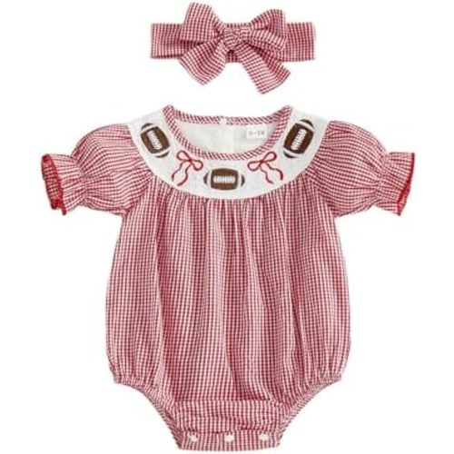 Hulpvktsgiq Toddler Baby Girl Football Outfit Cute Plaid Embroidery Smocked Romper/Dress Short Sleeve Clothes with Headband
