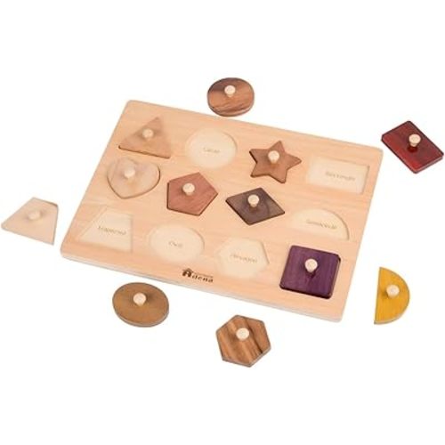 Montessori Toys for Toddlers 18M+, Wooden Shape Peg Puzzles for Kids 2 3 Years Old, Baby Puzzle Board with Knob & Classic Color, Preschool Educational Learning Toy‒Shape Sorter (12 Geometric Shapes)