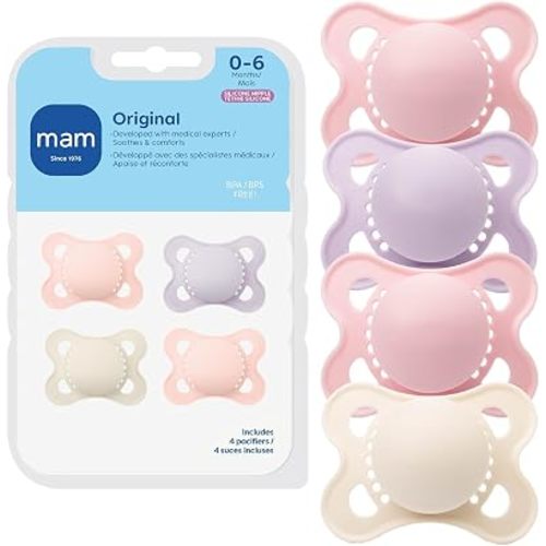 MAM Original Baby Pacifier 0-6 Mths, Skin Soft Silicone Nipple, 4 Pack