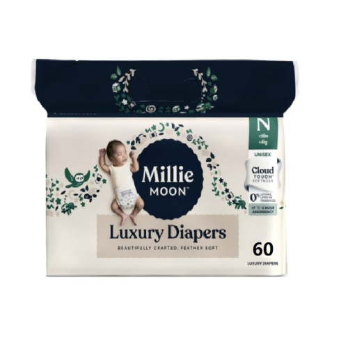 Millie Moon Luxury Diapers, Size Newborn, 60 Count