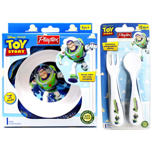 Playtex Toy Story Bowl, Steep sides for easy scooping, BPA Free, 4m+ & Playtex Disney Pixar Toy Story Fork and Spoon Utensil Set 12m+ (Designs May Vary)