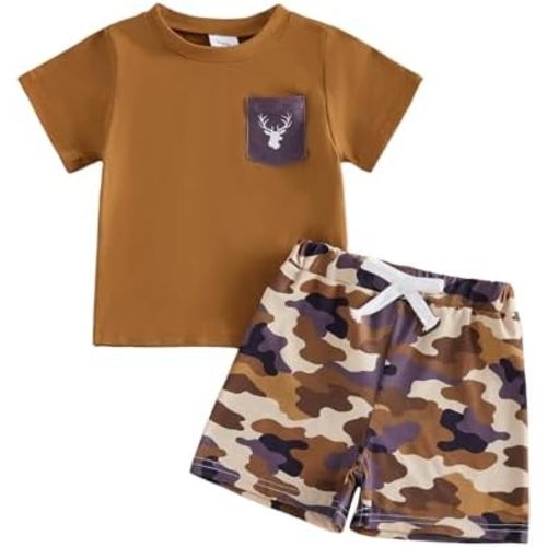 KMBANGI Toddler Baby Boy Hunting Outfit Short Sleeve Hunter Deer T-Shirt Pullover Tops Camo Shorts 2Pcs Set Summer Clothes