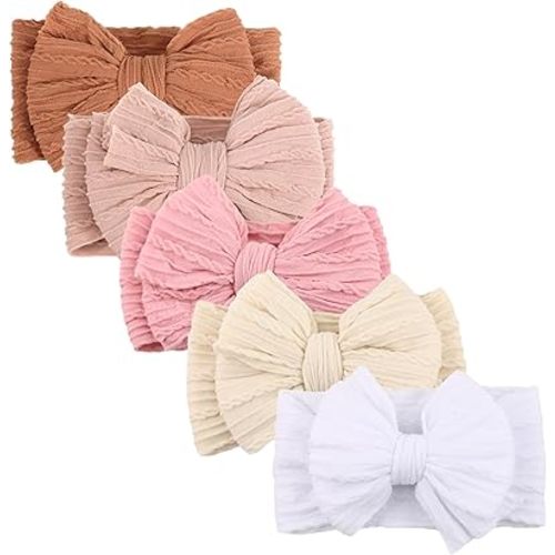 DRESHOW BQUBO Handmade Baby Headbands Soft & Stretchy Hair Bands with Bows Nylon Bows Hairbands for Girls Newborn Infant Toddlers Hair Accessories 5 Pack