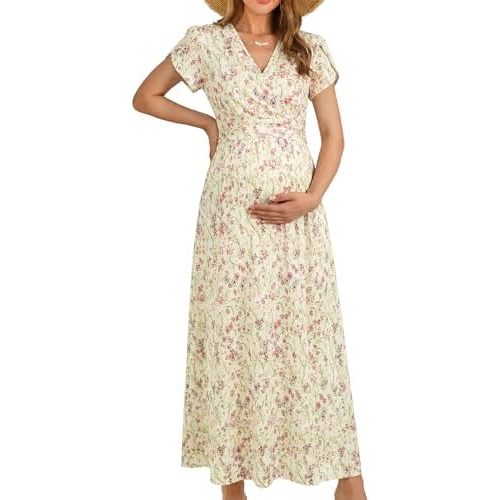 OUGES Maternity Maxi Dress Wrap Baby Shower Pregnancy Dresses for Photoshoot Maternity Outfits Summer Clothes 2026