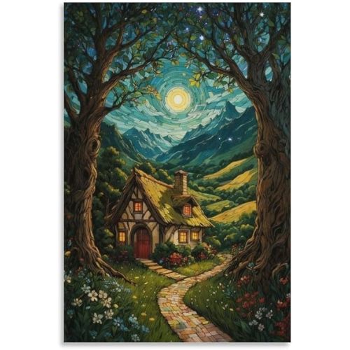 Fantasy Forest Canvas Wall Art, Fairy Tale Cottage in Enchanted Woods, Whimsical Wall Decor for Nursery, Bedroom Unframe-style 12x18inch(30x45cm)
