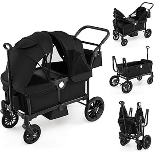 HONEY JOY Wagon Stroller for 2 Kids, 2 Seater Toddler Quad Stroller Wagon, Adjustable Push/Pull Handle Bar, Drop-Down Footwell & Upholstered Seats, Collapsible Kids Wagon with Canopy(Black)