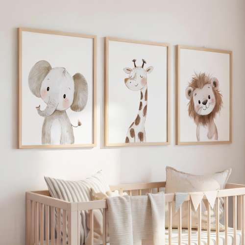 Watercolor Safari Animal Prints: Set of 3 Neutral Nursery Wall Art