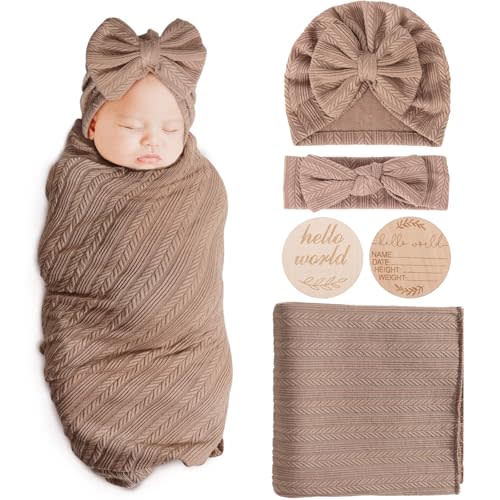 AQOKKA Newborn Receiving Blanket Wheat Ear Bow Hat Hairband Set | 4 Set Receiving Blankets Wrap Nursery Swaddle Cotton Adjustable Swaddles Wrap for Newborns Boy Girl Infant 0-3 Months
