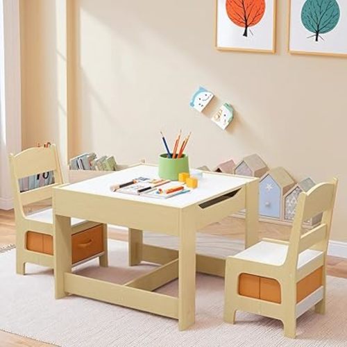 Arlopu Kids Table and Chair Set, 4 in 1 Wooden Children Activity Table w/Storage, Reversible Deskboard, Blackboard, Detachable Tabletop for Toddlers Art Crafts, Playroom, Drawing, Reading Natural