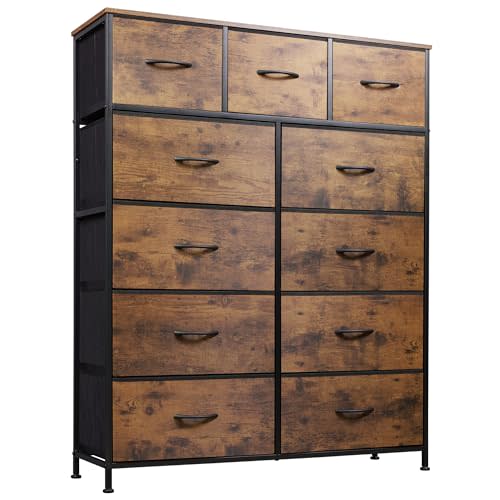 WLIVE Storage Organizer Unit with 11 Fabric Bins, Storage Drawers Organizer with Steel Frame, Tall Storage Tower Organizaton for Living Room, Hallway, Office, Rustic Brown