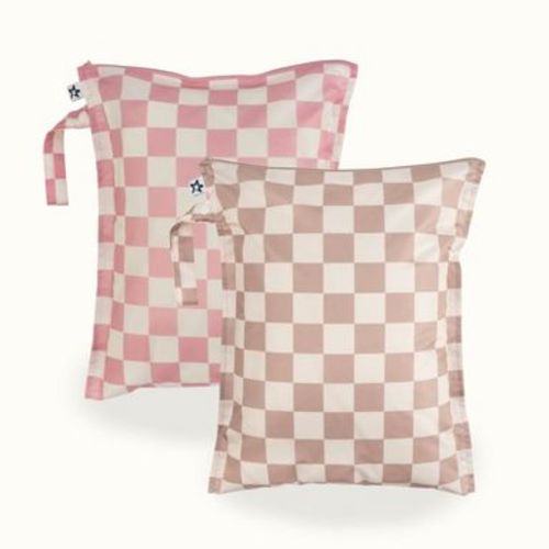 Tiny Twinkle Mess-Proof Waterproof Washable Baby/Toddler Wet Bags for Diapers, Swimsuits and Travel (Pink, Brown Checkers)