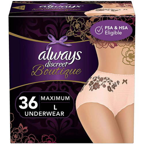 Always Discreet Boutique Incontinence & Postpartum Incontinence Underwear for Women, Large, 36 Count, FSA HSA Eligible, Maximum Protection, Disposable (18 Count, Pack of 2 - 36 Count Total)