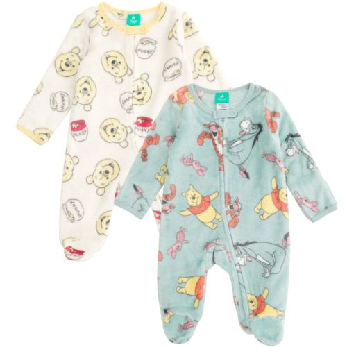 Disney Winnie the Pooh Eeyore Tigger Newborn Baby Boys Fleece 2 Pack Coveralls Woobie Green Yellow Footies 0-3 Months