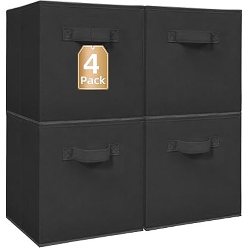 STORAGE MANIAC Storage Cubes, 11 Inch Collapsible Storage Bins with Handles, 4 Pack Fabric Foldable Bins for Organization, Durable Storage Bins for Closet, Shelves, Offices, Toys, 4-Pack Black