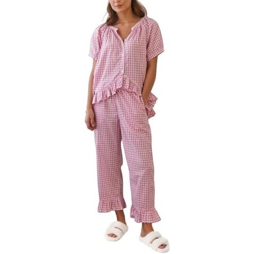 Gihuo Gingham Pajama Set for Women 2 Piece Plaid Cotton Button Down Top and Pants Ruffle Babydoll Pjs Lounge Sets