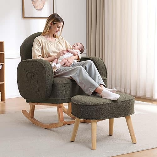Rocking Chair with Ottoman, Upholstered Glider Rocker with High Backrest and Side Pocket, Rocking Accent Armchair with Solid Wood Legs for Nursery/Living Room/Bedroom Green